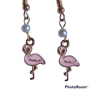 Pink Flamingo Pearl Earrings Gold Plated Dangle Dainty Tropical Island Bird